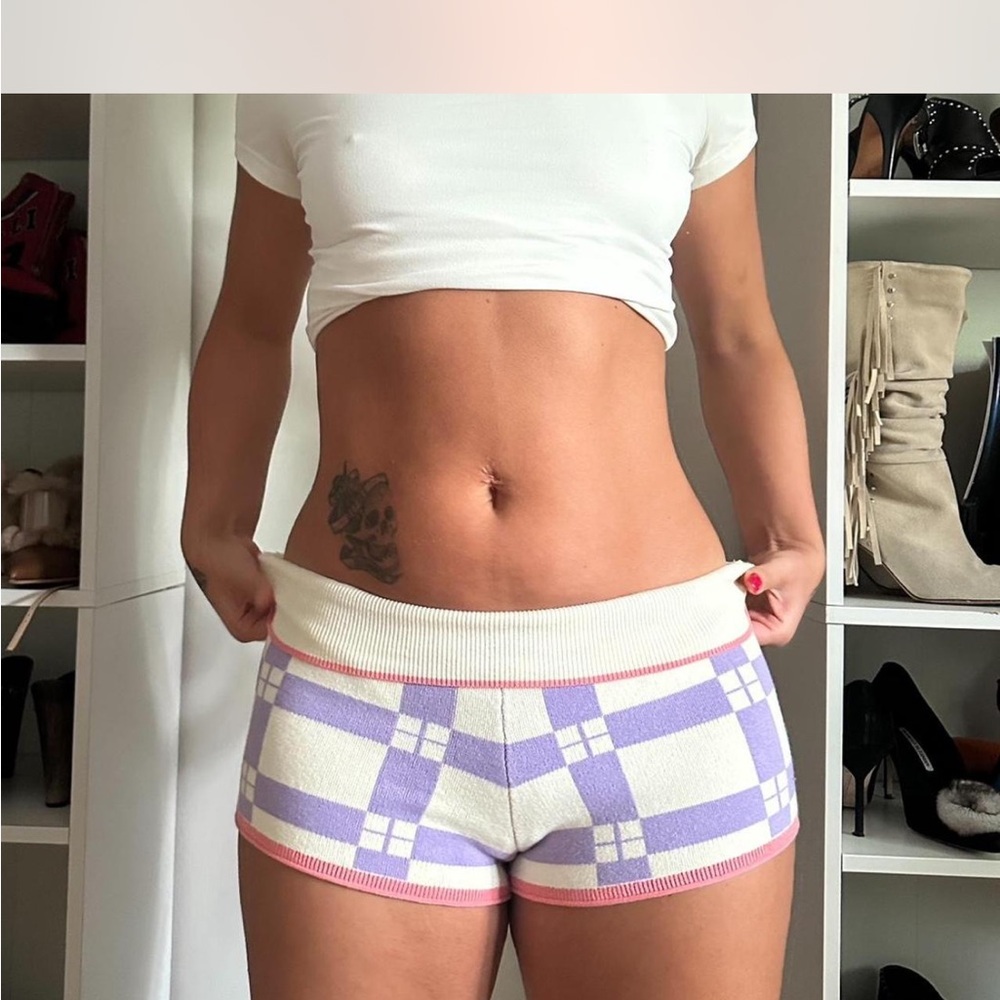 Cozy Knit Plaid Shorts in White & Lavender with Pink Trim
